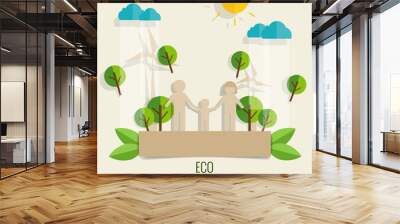 ECO FRIENDLY. Paper cut of family and tree background. Vector il Wall mural