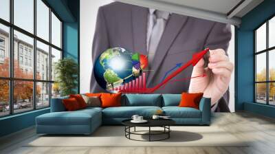 Hand point Silhouettes of business with red graph and earth (Ele Wall mural