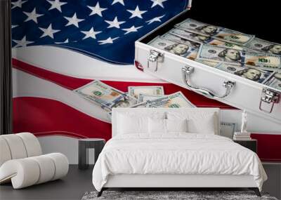 Suitcase of money with hundred dollar on flag Wall mural