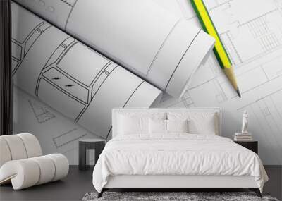 Architect rolls and plans, construction plan drawing and pencil Wall mural