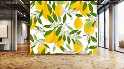 Lemon fruits seamless pattern with flowers and leaves on white background. citrus fruits vector illustration. Wall mural