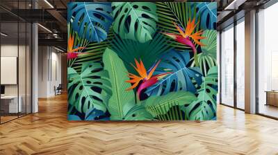 Seamless pattern tropical leaves with bird of paradise on black background Wall mural