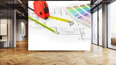 tape measure, pencil and color sample over a construction plan d Wall mural