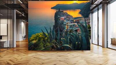 Amazing Vernazza village on the cliffs at sunset, Liguria, Italy Wall mural