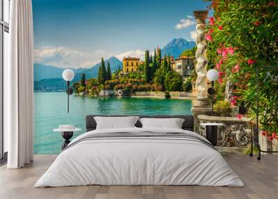 oleander flowers and villa monastero in background, lake como, varenna Wall mural