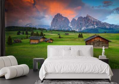 Seiser Alm with Langkofel group in background at sunset, Italy Wall mural