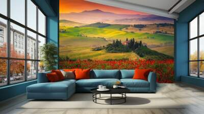 Stunning red poppies blossom on meadows in Tuscany, Pienza, Italy Wall mural