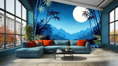 flat vector illustration of a jungle landscape with bamboo, moonlight in the sky, and a blue color scheme Wall mural