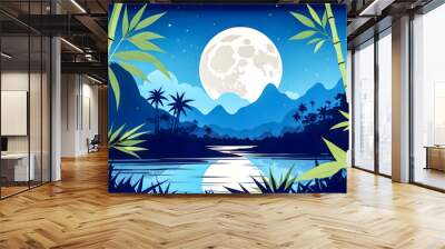 flat vector illustration of a jungle landscape with bamboo and a moon Wall mural