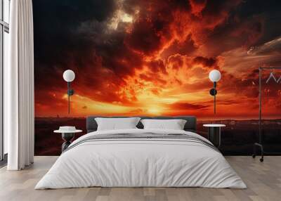 Abstract dark red background. Dramatic red sky. Red sunset with clouds. Fantastic sunset background with copy space for design. Halloween, armageddon, apocalypse, end of the world concept Wall mural