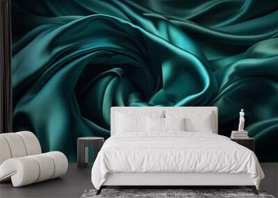 Blue green silk satin. Soft wavy folds. Shiny silky fabric. Dark teal color elegant background with space for design. Curtain. Drapery. Christmas, valentine, anniversary, celebration Wall mural