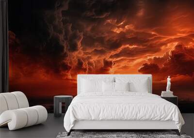 Bright red sunset. Dramatic evening sky with clouds. Fiery skies with space for design. Magic fantasy sky. War, battle, terror, world apocalypse, horror concept. Wall mural