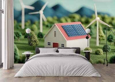 Renewable energy sources, solar and wind hybrid farm, 3D illustration Wall mural