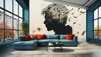 Startled person looking around close up, focus on, copy space dark muted tones, Double exposure silhouette with scattered birds Wall mural