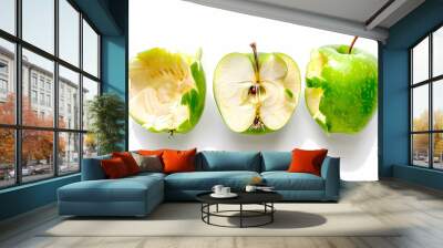 Set of fresh whole and cut apple green isolated on white background. illustration Wall mural