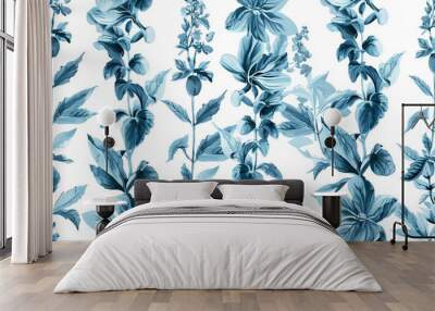 Create a seamless pattern with a detailed floral motif. The pattern should be suitable for use as a fabric print. The main colors should be shades of blue. Wall mural