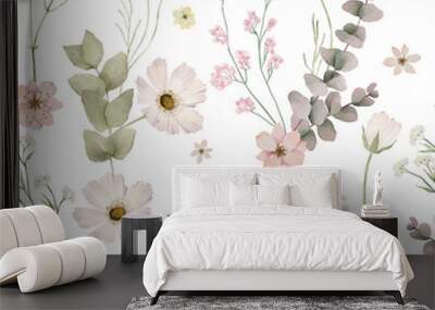 romantic soft pink chrysanthemum and eucalyptus lose countryside wildflower watercolor floral Seamless Pattern Wall mural