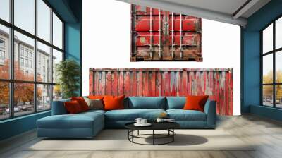 Front and side view of a red shipping container with signs of wear corrosion and paint peeling off  2D Game Art isolated on white background Wall mural