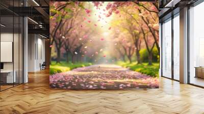 A beautiful flowery path with petals swirling in the spring breeze, flowers, path, trail, spring, breeze, nature, outdoors Wall mural