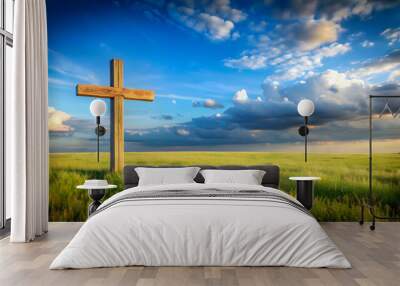 A wooden cross standing in a field under a blue sky , religion, faith, Christianity, symbol, spiritual, belief Wall mural