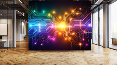 Abstract circuit board background with pulsing lines of different colors showcasing electricity flow, technology Wall mural