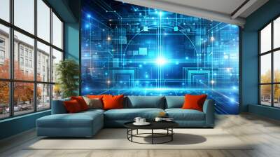 Abstract digital technology concept with futuristic software development elements, innovation, technology Wall mural