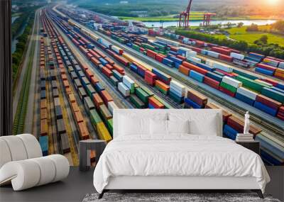 Aerial view of cargo trains loaded with shipping containers at a rail yard, logistics, transportation, industry Wall mural