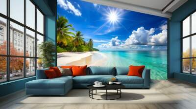 Beautiful tropical beach with blue sea, white sandy beach, and sun shining brightly , tropical, beach, blue sea Wall mural