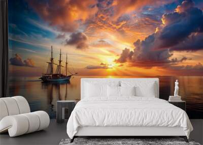 Boat sailing in the ocean during a beautiful sunset, boat, ocean, sunset, water, seascape, nautical, peaceful, serene Wall mural