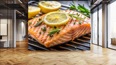 Close-up of grilled salmon fillet with a slice of lemon on top , seafood, healthy, delicious, BBQ, cooking, meal, dinner Wall mural