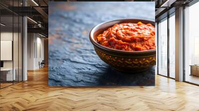 Close-up of Harissa paste in a small bowl , spicy, North African, condiment, red, paste, cuisine, flavor, ingredient Wall mural