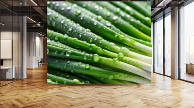 Close-up shot of fresh green onion with water droplets on its leaves, fresh, green, onion, vegetable, herb, natural, organic Wall mural