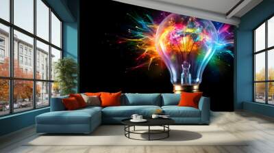 Colorful explosion in light bulb on black background, colorful, explosion, light bulb, black background, vibrant, burst Wall mural