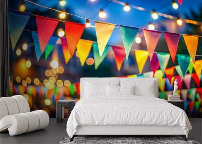 Colorful festival flags in triangular shapes against a blurred night background, festive, celebration, vibrant, decoration, event Wall mural