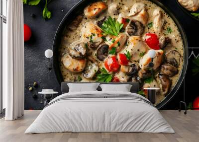 Creamy Chicken and Mushroom Stew in Black Pan Wall mural