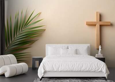 Cross and palm leaf on light beige background for Palm Sunday and Easter concept, Palm Sunday, Easter, concept, cross Wall mural