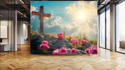 Cross on a Hillside with Flowers and Sun, crucifix, christianity, religion, faith, hope Wall mural