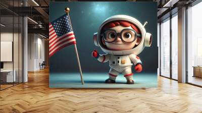 Cute astronaut holding flag in static pose with black glasses, astronaut, flag, space, outer space, astronaut suit, cartoon Wall mural