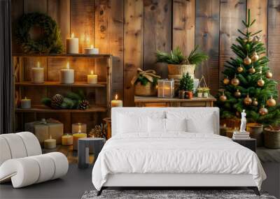 Decorative rustic Christmas decor with wooden furniture, candel lights, and minimalistic objects Wall mural