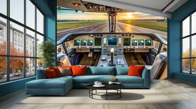 Detailed shot of an airplane cockpit with controls and runway view , airplane, cockpit, controls Wall mural