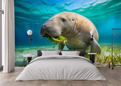 Dugong feeding on seagrass in clear ocean waters, Dugong, sea cow, marine mammal, feeding, seagrass, underwater Wall mural