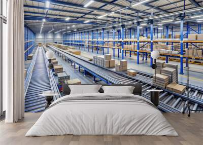 Efficient logistics hub with automated conveyor belts and data streams in modern warehouse setting, logistics Wall mural