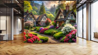 Fairytale cottages nestled among blooming flower bushes in a charming forest setting, fairytale, houses, cute, forest Wall mural