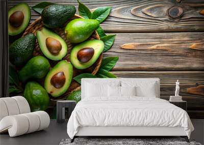 Fresh avocados arranged beautifully on a rustic wooden table, avocado, fresh, organic, healthy, green, ripe, natural Wall mural