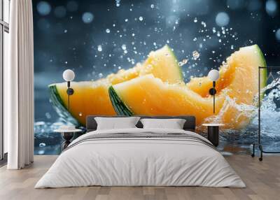 Fresh Cantaloupe Melon Slices in Water Splash Wall mural