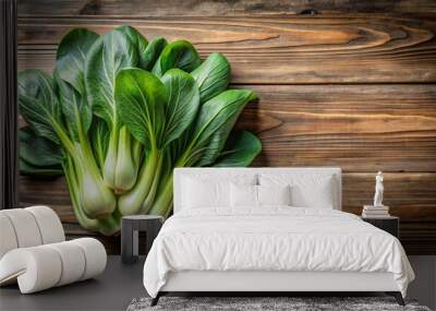 Fresh green bok choy or pac choi chinese cabbage on a wooden background, bok choy, pac choi, chinese cabbage, fresh, green Wall mural