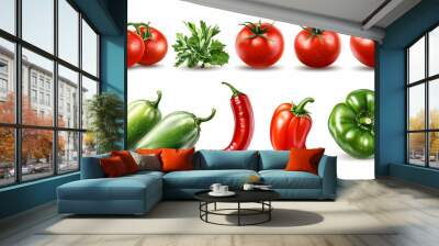 Fresh Red Tomatoes Green Peppers Chili Peppers Parsley White Background Wall mural