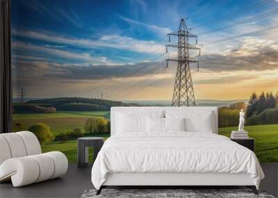 German electricity mast standing in a peaceful natural setting , electricity, mast, Germany, nature, energy Wall mural