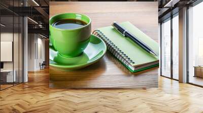 Green coffee cup with black pen and notebook on table, green, coffee cup, black pen, notebook, table, office, work Wall mural