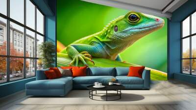 Green lizard perched on a vibrant leaf, lizard, green, reptile, nature, wildlife, tropical, exotic, scales, camouflage, leaf Wall mural